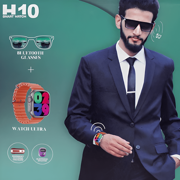 واتش الترا ساعة ذكية رجالية مع نظارة بلوتوث + باور بانك - H10