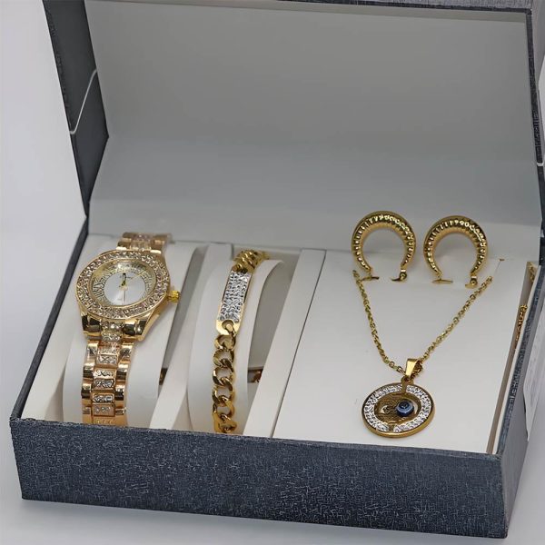 طقم ساعة نسائي عصري لون ذهبي مع سلسال وحلق وأسوارة