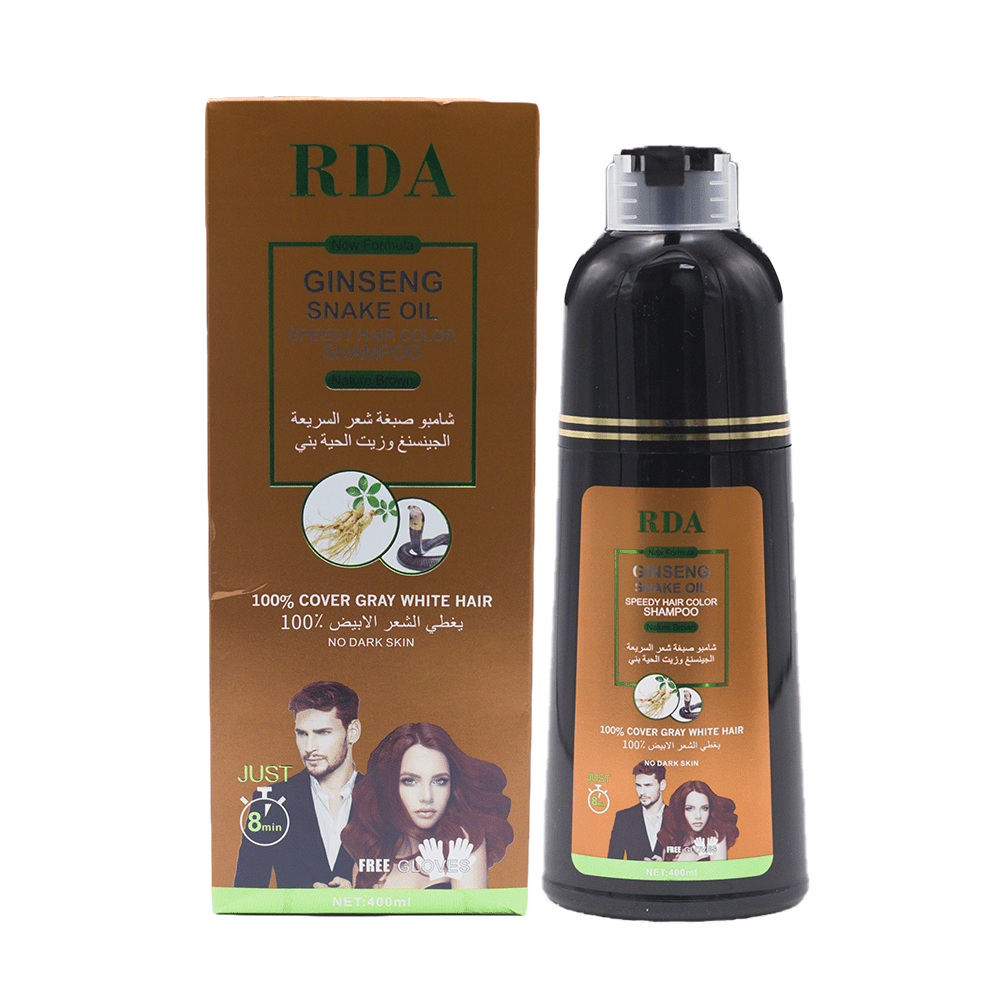 451037dc-d70f-4bbe-9cb9-e65ac2eaed3e-1000x1000-uNx5glGbSAhQnLFKwpacaF1ovipyvRsP6kaUSw3H.png RDA شامبو صبغة سريعة للشعر بالجينسينج وزيت الحية لون بني طبيعي - 400 مل - الصورة 1