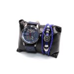 طقم ساعة جلد رجالي كاجوال مع أسوارة لون أزرق