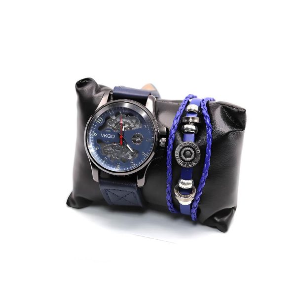 طقم ساعة جلد رجالي كاجوال مع أسوارة لون أزرق