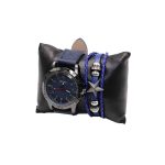 طقم ساعة جلد رجالي كاجوال مع أسوارة لون أزرق