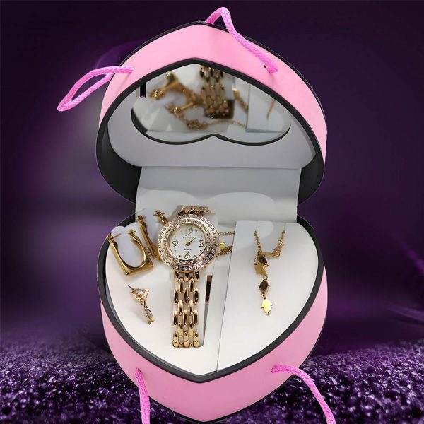 طقم ساعة نسائي عصري لون ذهبي مع سلسال وحلق وخاتم